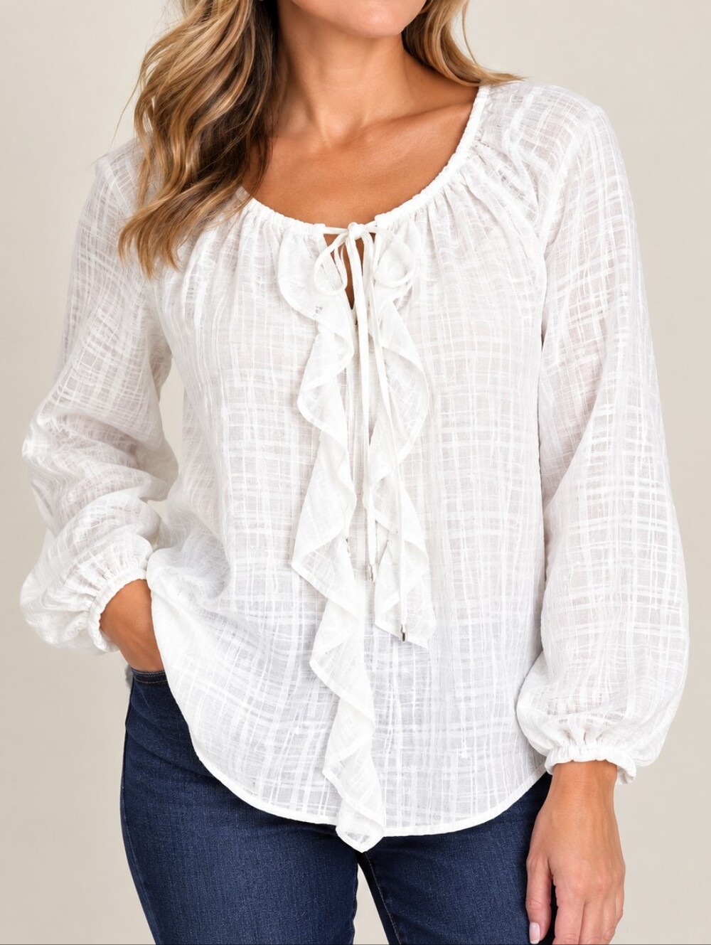 White House Black Market White XL White Blouse Sheer Plaid Long Sleeve Ruffle